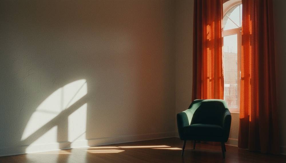 Sunlight through an arched window and vermilion curtains falls across a bare wall beside an empty green armchair.